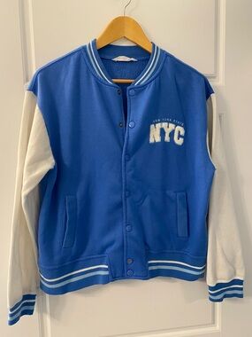 Bluenotes Blue and White Fleece Varsity Jacket Small New York State